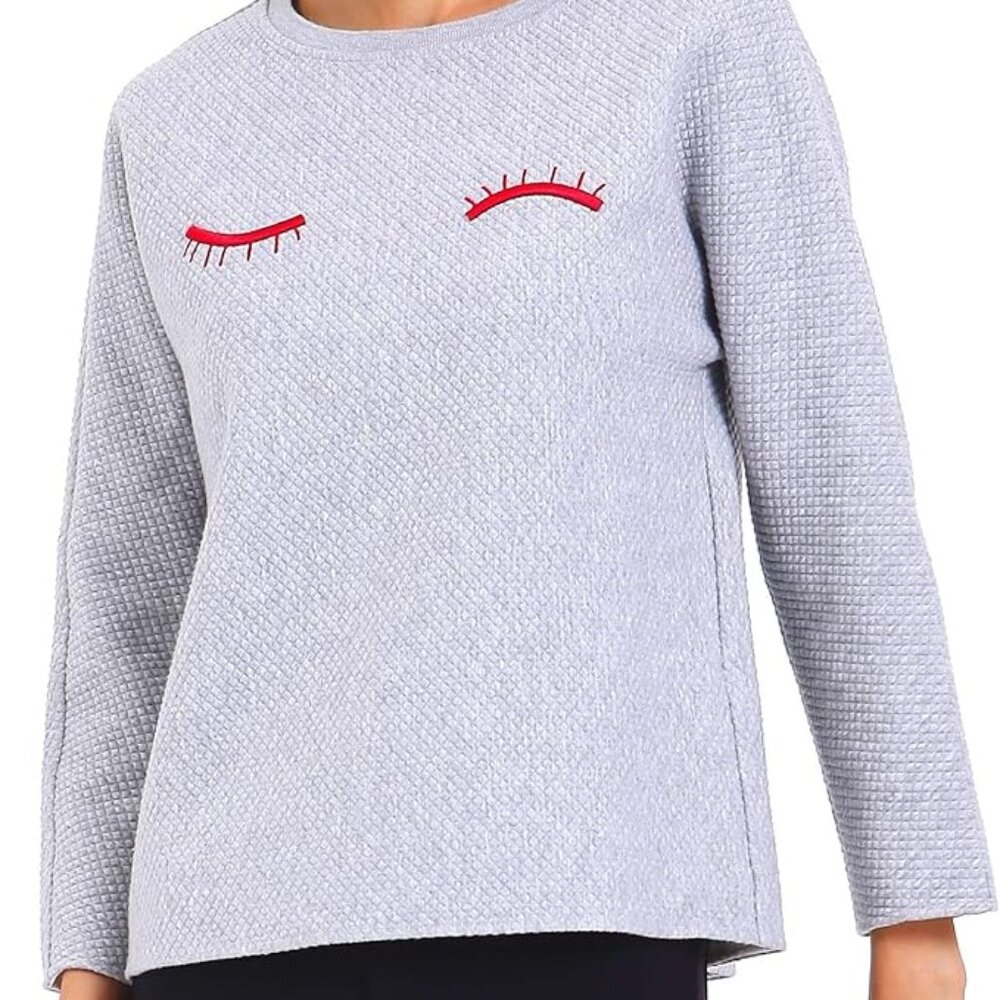 URLAZH Embroidered Quilted Knit Long Sleeve Heather Grey Crewneck Sweatshirt XS